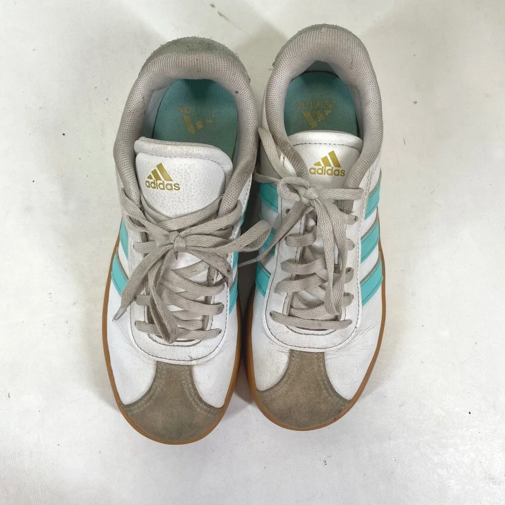 Adidas VL Court 3.0 White Turquoise Gum Sole Leather Sneakers JS2596 youth 3